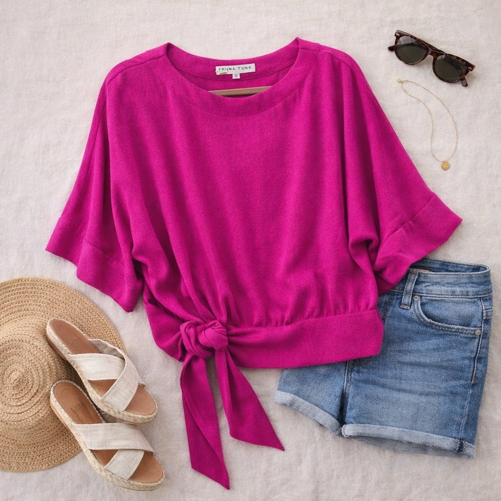 NWOT TRINA TURK Fushia Pink Silky Shiney 3/4sleeve Shirt/blouse. Ladies Sz Small